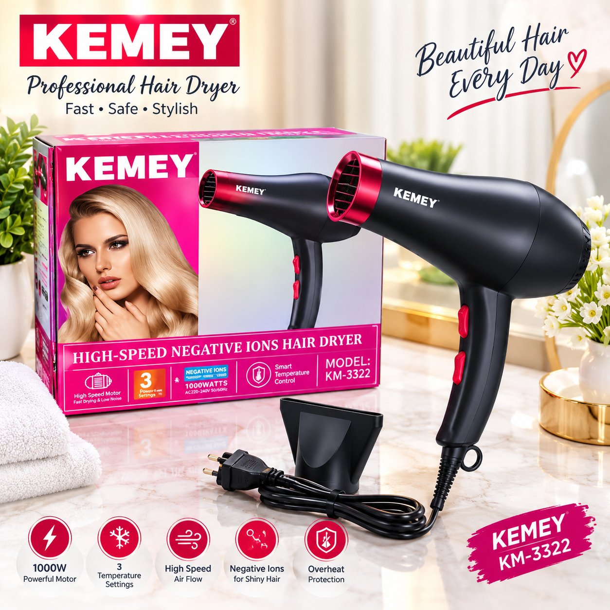 🌟Professional Hair Dryer~ KEMEY KM-3322